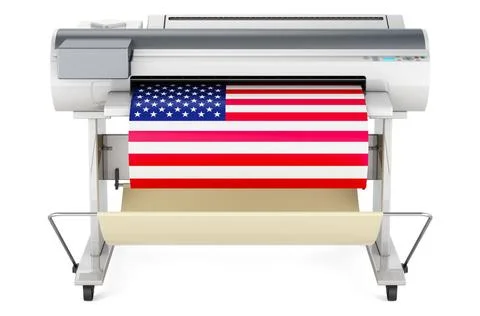 Wide format printer, plotter with the United States flag. 3D rendering Wid... Stock Photos