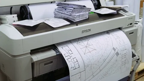 Wide format printer printing draft outline drawing Stock Footage 77128094
