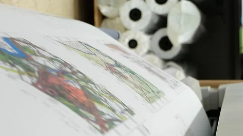 Wide format printer prints and cuts draft drawing Stock Footage 91159571