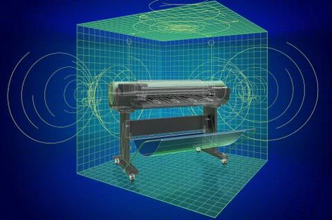 Wide Format Printer, visualization 3d cad model, blueprint. 3D rendering Stock Illustration