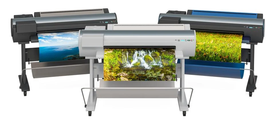Wide Format Printers, Plotters. 3D rendering Stock Illustration