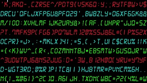 Wide format randomly changing red, blue and green alphanumeric code on black bg Stock Footage 330383049