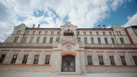 Wide frontal view of winery castle in Moldova, featuring the grand historic Stockbeeldmateriaal 335475608