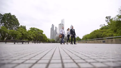 Wide full-body low angle view of three coworkers walking in public park while Stock Footage 277974884