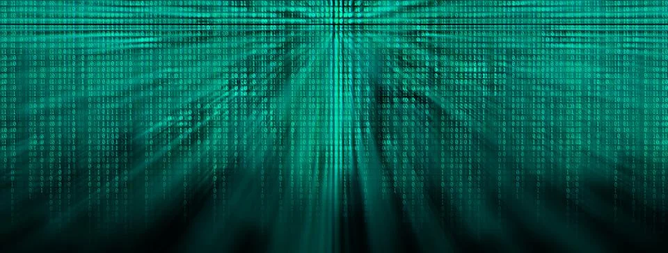 Wide glowing binary code matrix background with rays of light Stock Photos
