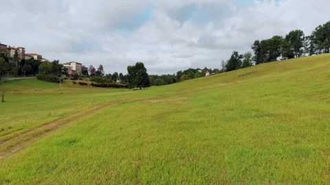 Wide green field stretching under cloudy sky. Open agricultural landscape of Stock Footage 324869625