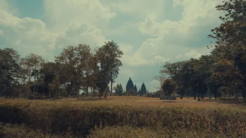 Wide Green Park Landscape with Ancient Temple Silhouette Stock Footage 333325995