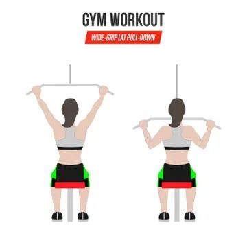 Wide-grip lat pull-down exercise. Sport exercises. Exercises in a gym. Illustrazione stock