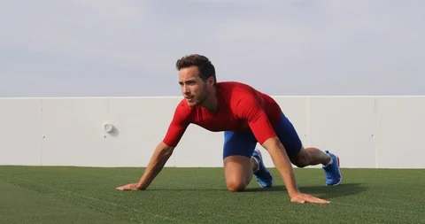 Wide grip pushup push-up variation advanced chest exercise by male trainer Stock Footage 113209985