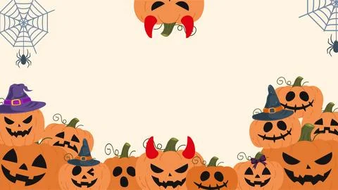 Wide Halloween header background with devil horns pumpkins, witch hats Stock Illustration