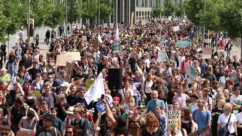 Wide Handheld Documentary View of Large Climate Change Protest in Berlin Stock Footage 276850154