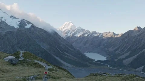 Wide handheld shot of Mount Cook and Hooker Lake viewed from Sealy Tarns with Stock Footage 313342013