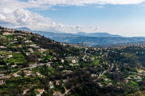 A wide / high angle panoramic view of Saint-Jeannet buildings and other towns Stock Photos