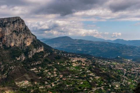 A wide / high angle panoramic view of Saint-Jeannet buildings and other towns Stock Photos