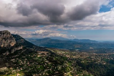 A wide / high angle panoramic view of Saint-Jeannet buildings and other towns Stock Photos