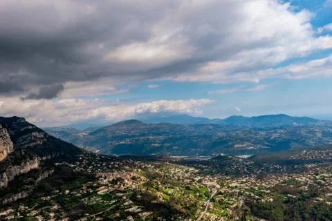 A wide / high angle panoramic view of Saint-Jeannet buildings and other towns Stock Photos