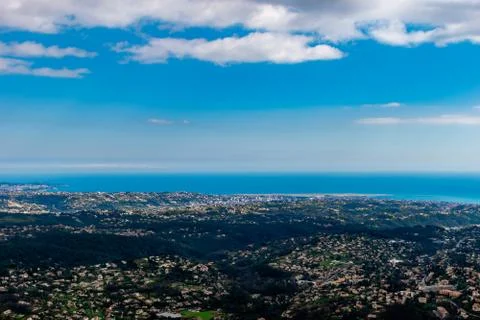 A wide / high angle panoramic view of buildings of several towns covering the Stock Photos