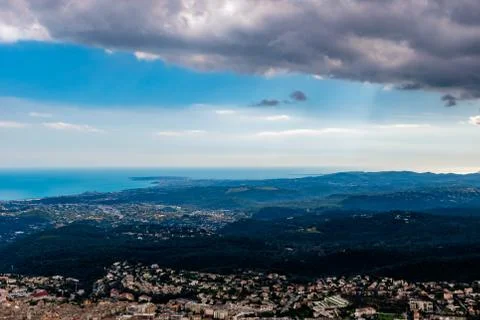 A wide / high angle panoramic view of buildings of several towns (including V Stock Photos