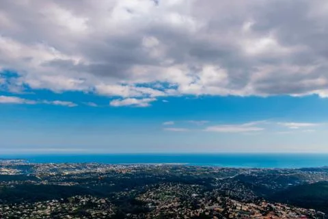 A wide / high angle panoramic view of buildings of several towns covering the Stock Photos