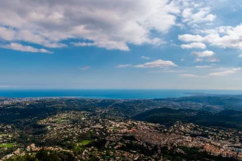 A wide / high angle panoramic view of Vence buildings and other towns coverin Stock Photos