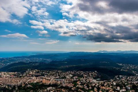 A wide / high angle panoramic view of Vence buildings and other towns coverin Stock Photos