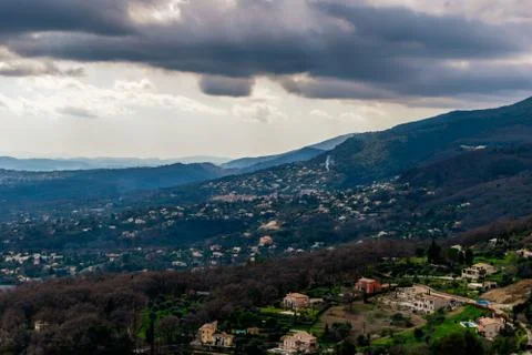 A wide / high angle panoramic view of houses and other buildings of several t Stock Photos