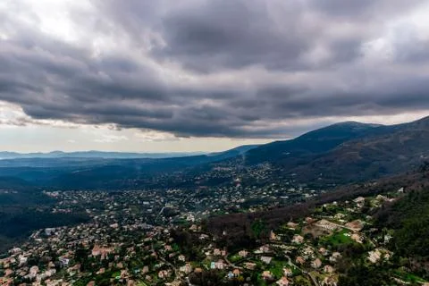 A wide / high angle panoramic view of houses and other buildings of several t Stock Photos