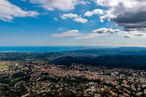 A wide / high angle panoramic view of Vence buildings and other towns coverin Stock Photos