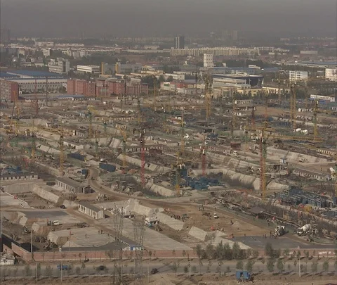 Wide high angle view of construction cranes on empty logs Stock Footage 86745980