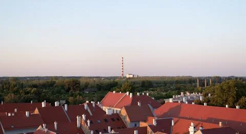 Wide high-angle view of red-tiled rooftops in Petrovaradin, Serbia Stock Photos