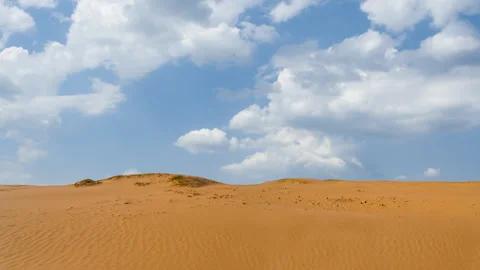 Wide hot sandy desert with dunes under a blue sky Stock Footage 341553586