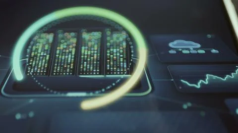 Wide interface view combines a circular server rack gauge with a cloud Stock-Fotos