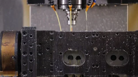 Wide interior shot of fully automated CNC milling machine workstation operating Stock Footage 339640056