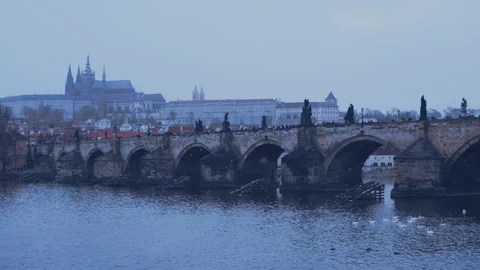 Wide landscape shot of charles bridge and st. vitus in prague, Czech Republic Stock Footage 273266053