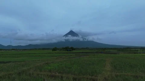 Wide landscape shows grassy fields toward the Mayon Volcanic peak. Stock Footage 336011369