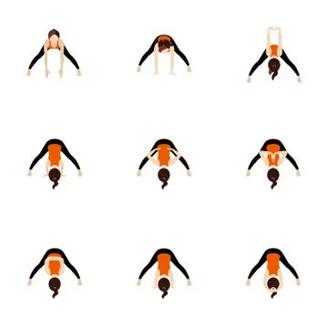 Wide legged forward bend variations yoga asanas set Stock Illustration