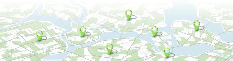Wide light urban layout featuring several green 3D markers indicating spots 스톡 일러스트