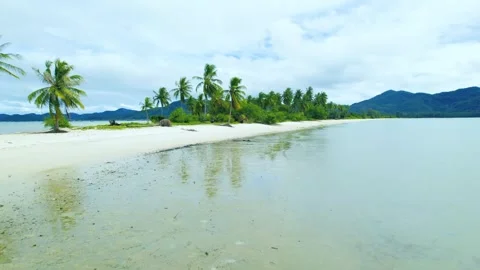 Wide low-angle aerial view of Laem Had Beach shoreline and coconut palm tree Video stock 348161958