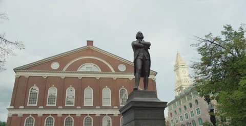 Wide low angle Samuel Adams Statue, Faneuil Hall,  Custom House Tower Stock Footage 219162890
