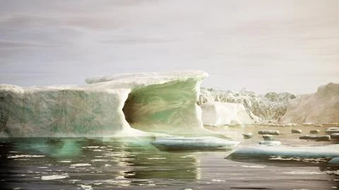 A wide low angle view of melting sea ice floes in still waters of Arctic Stock Illustration