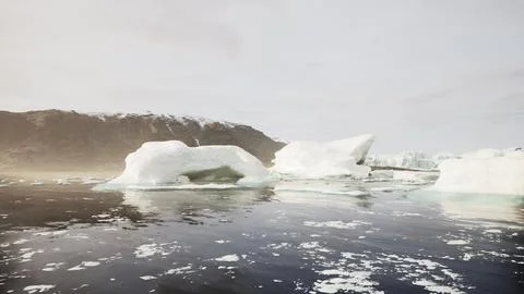 A wide low angle view of melting sea ice floes in still waters of Arctic Illustrazione stock