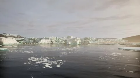 A wide low angle view of melting sea ice floes in still waters of Arctic Stock Illustration