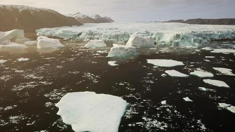 A wide low angle view of melting sea ice floes in still waters of Arctic Stock Illustration