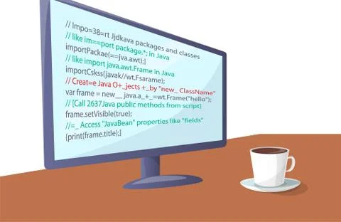 Wide Modern Screen with Program Code on Table Illustration