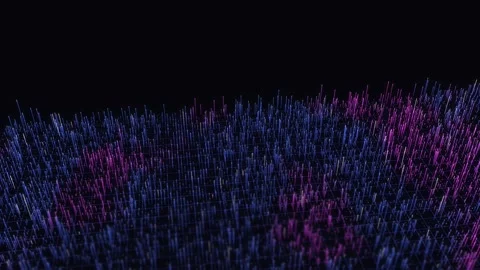Wide neon data bars rising on 3D grid in blue and purple with dark sky copy 스톡 동영상 347371532