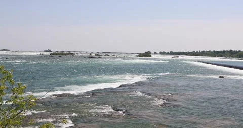 Wide Niagara River current and small islands just above the falls. Stock Footage 320026665