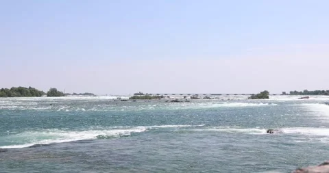 Wide Niagara River current and small islands just above the falls. Video stock 320026668