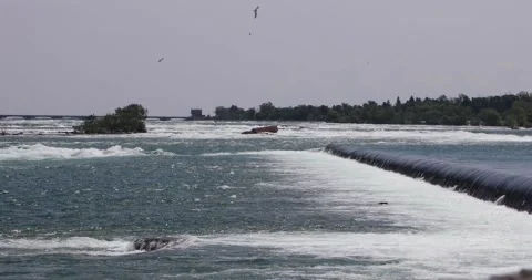 Wide Niagara River current and small islands just above the falls. Video stock 320026680