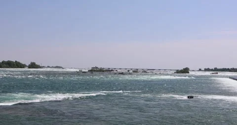 Wide Niagara River current and small islands just above the falls. Video stock 320026683