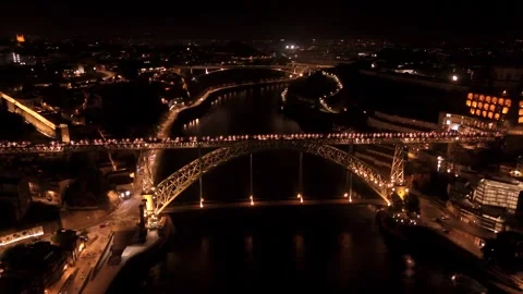 Wide Night Panorama of Dom Luis I Bridge and Douro Stock Footage 344798601